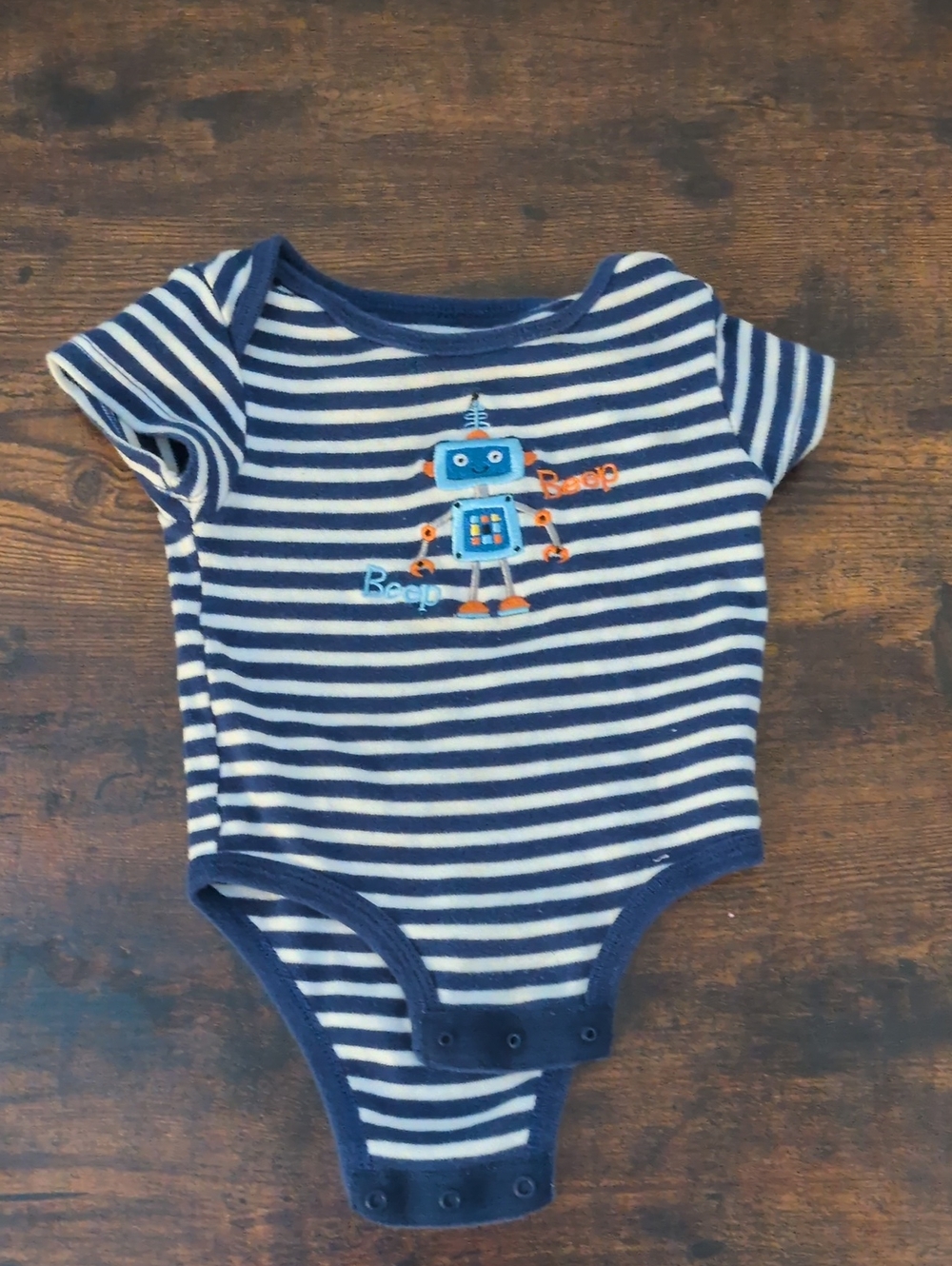 5/$25 Rococo Navy & White Striped Robot Onesie Bodysuit 12M